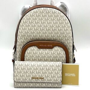 Michael Kors Jaycee Medium Zip Packet Backpack & Trifold Wallet Vanilla/Brown